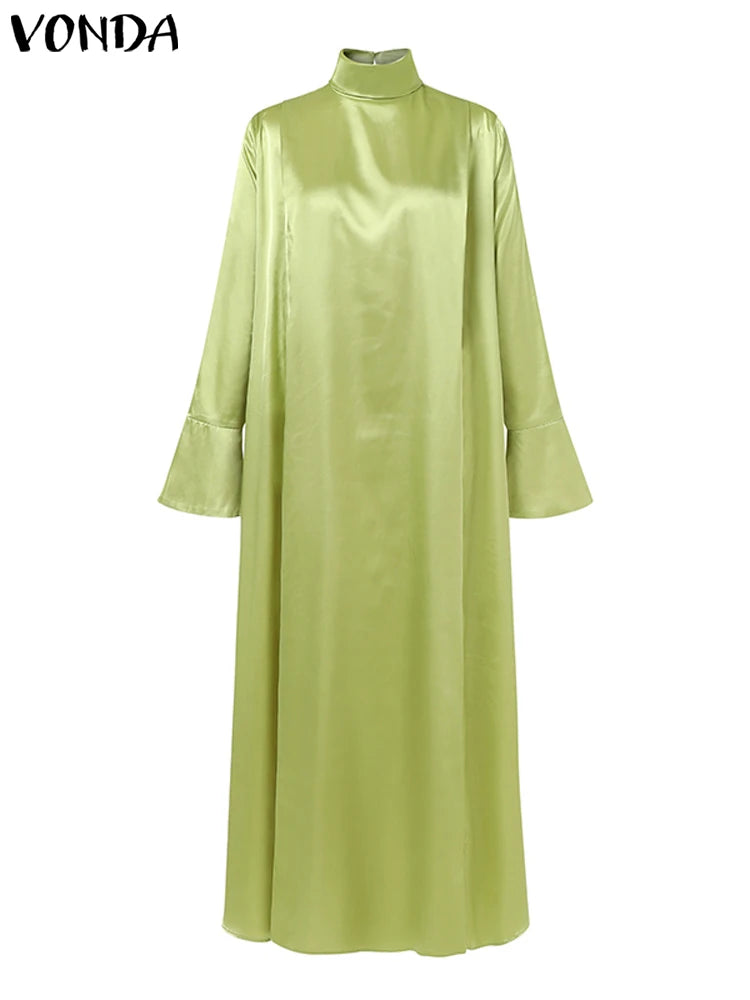 VONDA Frauen Böhmischen Lange Maxi Kleid 2024, Elegante Langarm Hohe Kragen Roben Casual Einfarbig Vestidos Vintage Sommerkleid.