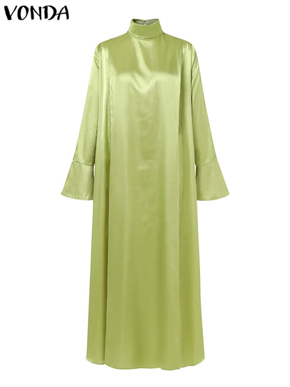 VONDA Frauen Böhmischen Lange Maxi Kleid 2024, Elegante Langarm Hohe Kragen Roben Casual Einfarbig Vestidos Vintage Sommerkleid.