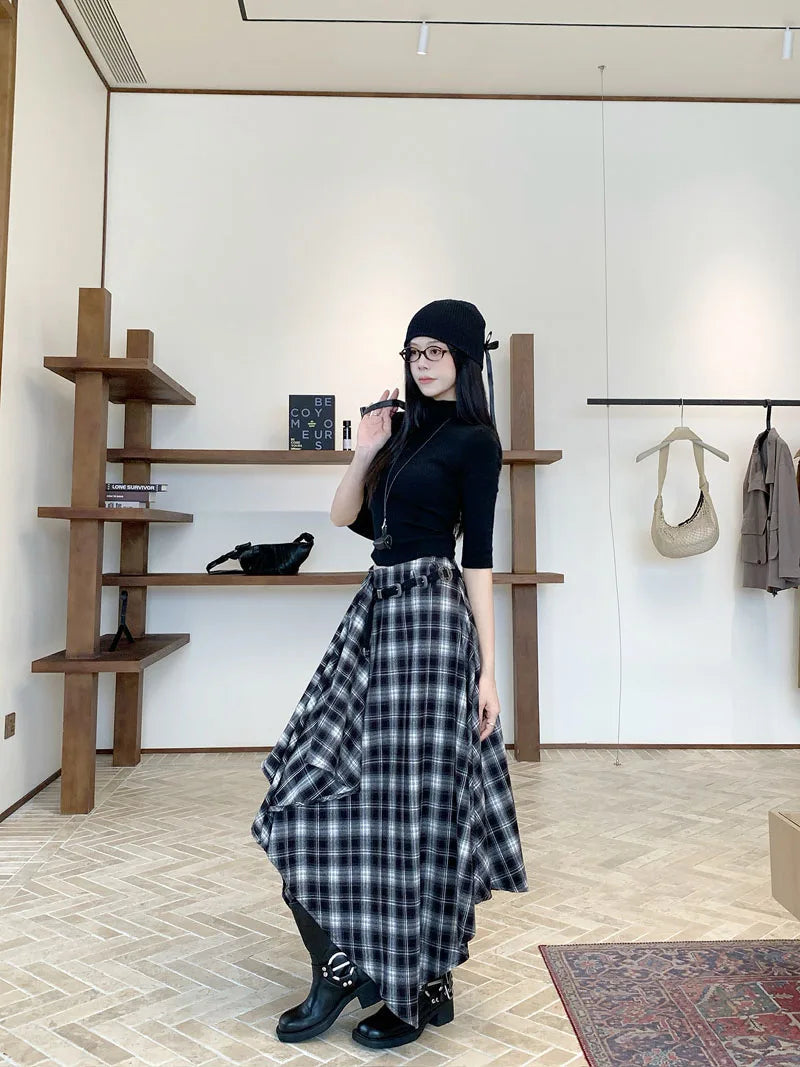 MEXZT Vintage Plaid Woolen Midi Skirt Women Y2K Harajuku Belt Asymmetrical Skirts Winter Gyaru Grunge Korean Design Faldas New.