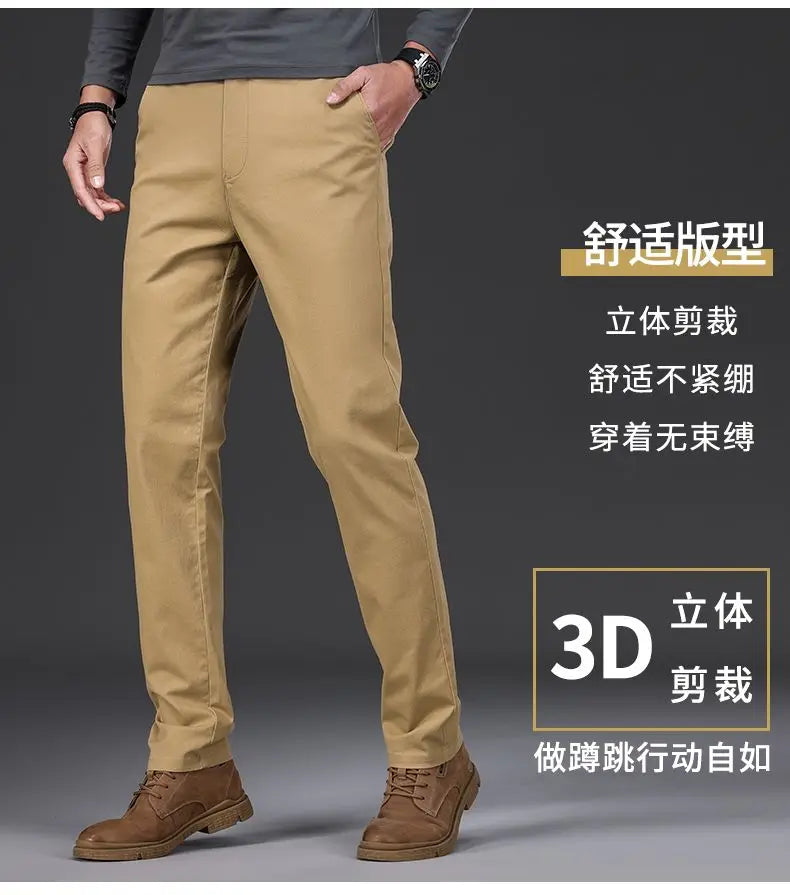 Cotton Men's Casual Pants Straight Stretch Trouser Male Fashion Slim Business Dress Golf Office Spring Autumn Khaki Black Formal.