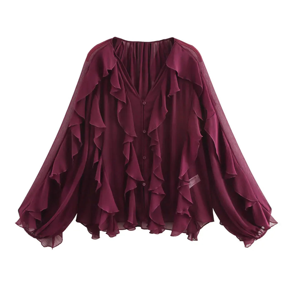 Women Fashion With Ruffles Semi-sheer Blouses V Neck Long Sleeve Button-up Female Shirts Chic Tops