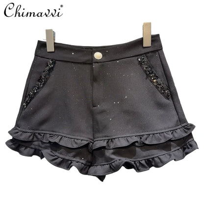 2025 Summer Clothes New Fashion Sequined Beaded Fungus Edge Pants Three-point Shorts Sweet Girls Temperament Short Pants Women.