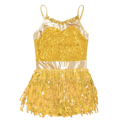 Kinder Mädchen Latin Tanz Kostüm Jazz Samba Cha-Cha Eiskunstlauf Trikot Kleid glänzende Pailletten Quaste Bodysuit für Bühnen performance.