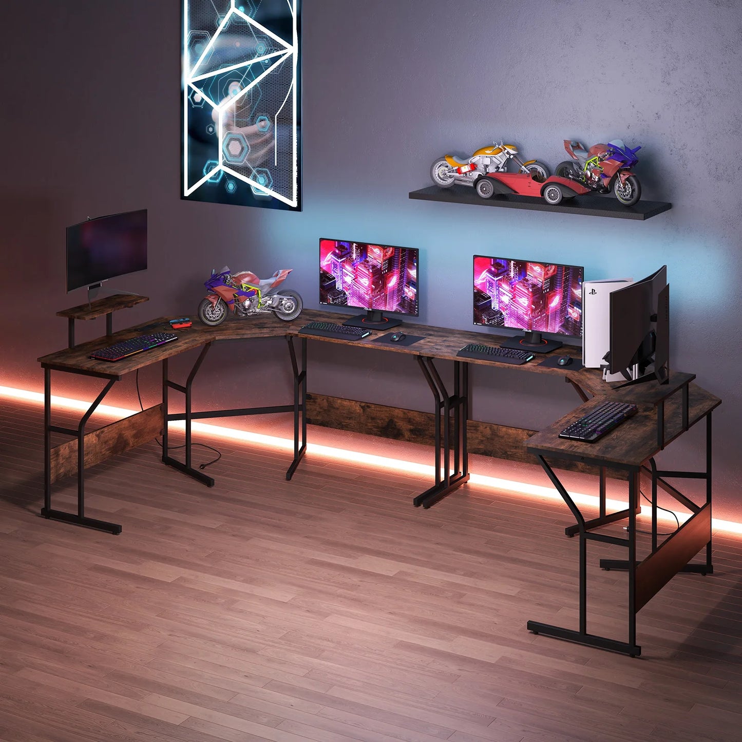 Schreibtisch L-Form, reversibler Eckschreibtisch mit Monitorständer und Ladestation, Ecktisch, Gaming Computertisch, Bürotisch