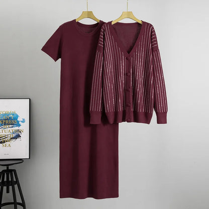 Women Knit 2 Piece Set Cardigan Set Sweater Muslim Short Sleeve Long DressEnsemble Knitwear Suit Modest Autumn Winter Outfits
