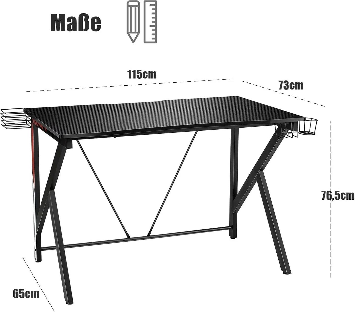 Spieltisch k-förmiger Computer tisch PC-Tisch Schreibtisch mit Getränke halter, Kopfhörer haken und Video regal 115x73 cm
