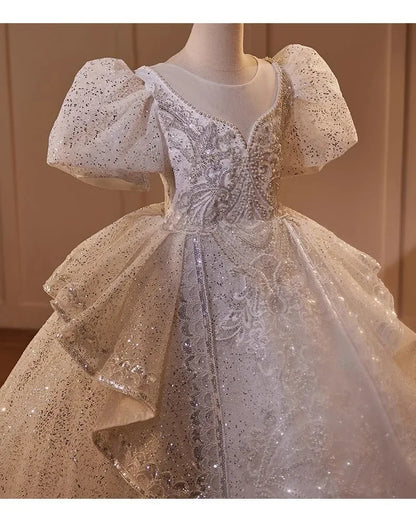 2025 Mädchen Neue Mode Prinzessin Kleid Große Kinder Weiß Klavier Leistung Puffy FormalParty WearParty Tragen Kleid Host Outfit Geburtstag.