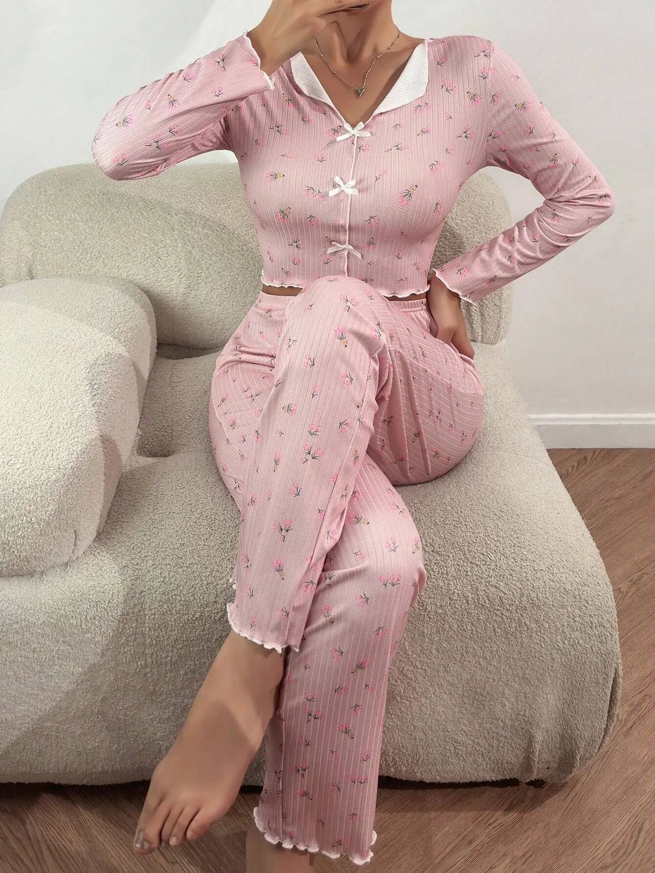 Y2K Nette Floral Gerippte Pyjama Set Frauen Langarm V-ausschnitt Zwei Stück Nachtwäsche Homewear Herbst Winter Bogen Salat Trim Neue Heiße.