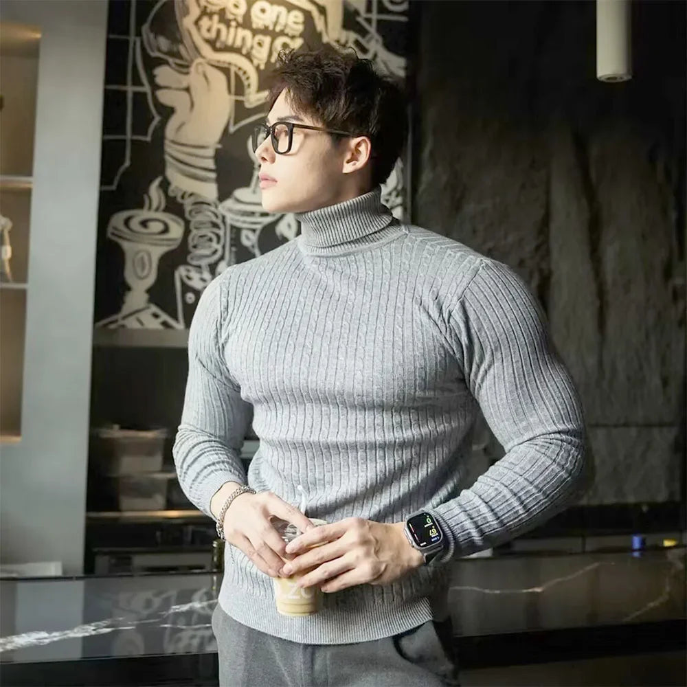 New Men's Turtleneck Sweaters Autumn Knitted Striped Streetwear Warm Long Sleeved Pullover Solid Color Basic Style Casual Tops.
