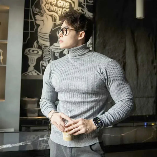 New Men's Turtleneck Sweaters Autumn Knitted Striped Streetwear Warm Long Sleeved Pullover Solid Color Basic Style Casual Tops.