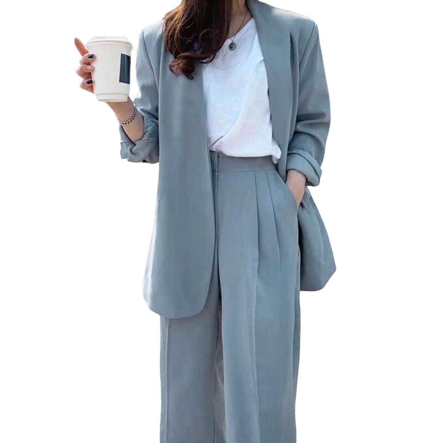 Wide Leg Suit Pants Set Elegant Women Business Suit Set Cardigan Jacket High Waist for Professional Lady Formal Coat Pants Set.