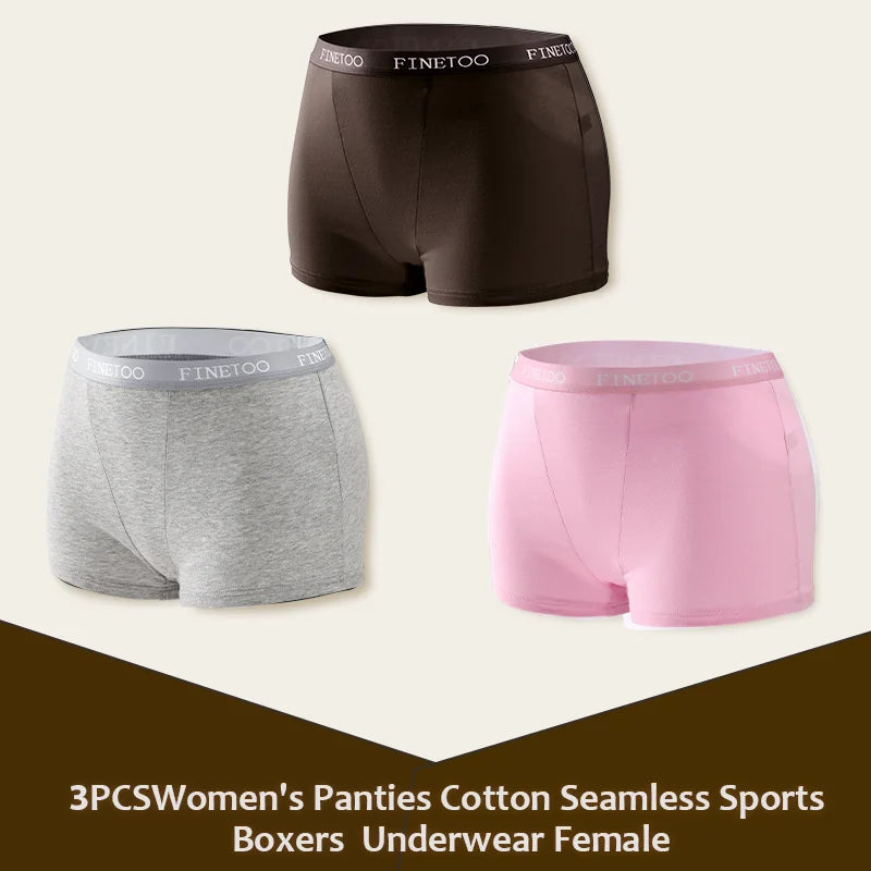 3Pcs Women's Panties Cotton Seamless Sports Boxers Underwear Female Solid Color Briefs Lingerie Intimate Underpant Finetoo S-XXL