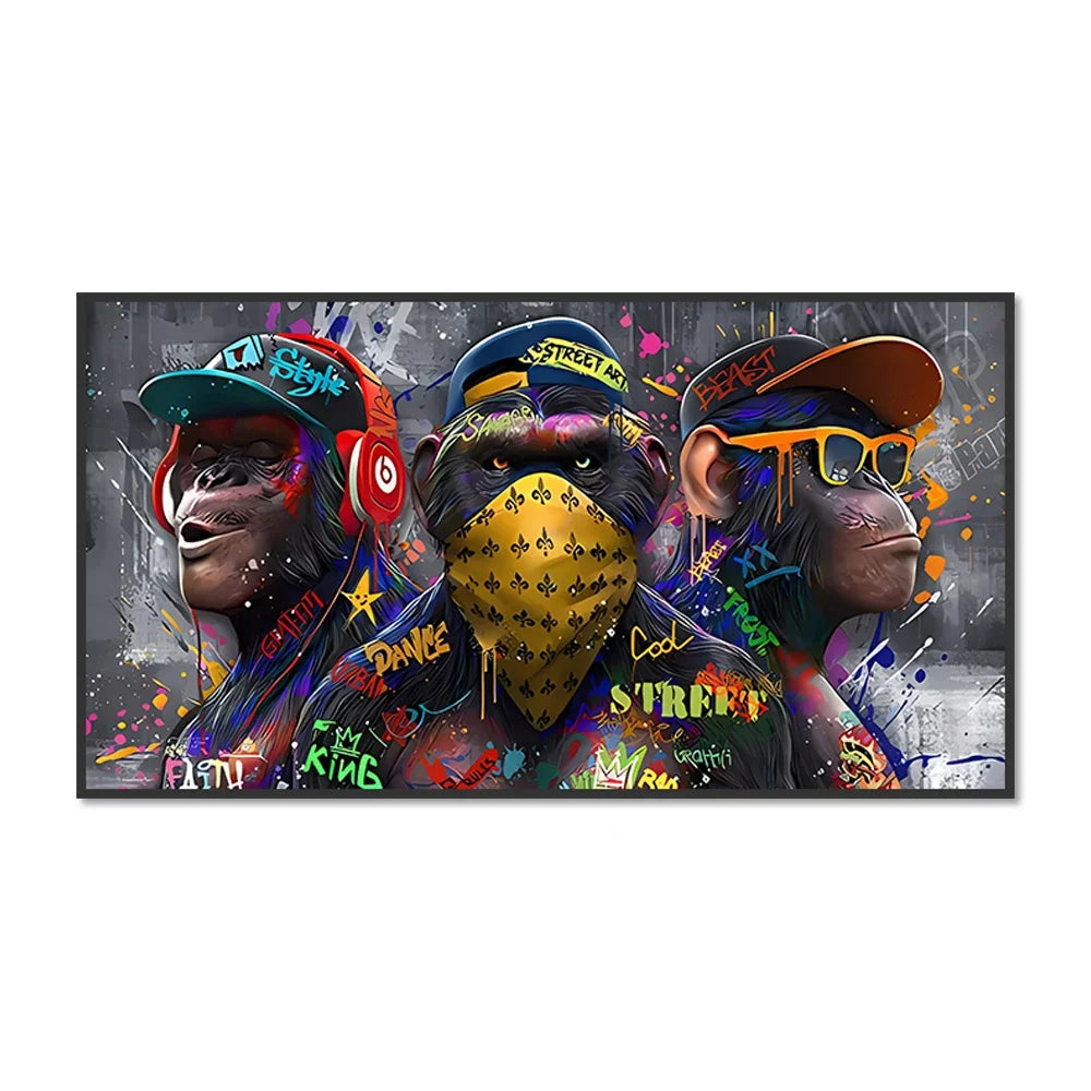 Graffiti Three monkey Wall Art Poster Animal Pop Mural Modern Home Decor Canvas Painting Picture Prints Living Room Decoration.
