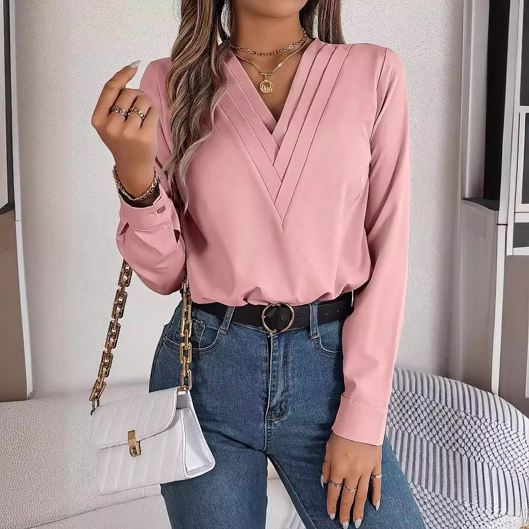 Summer And Autumn Women's Casual Shirt, Commuting Style Solid Color V-neck Long Sleeve Shirt Top.