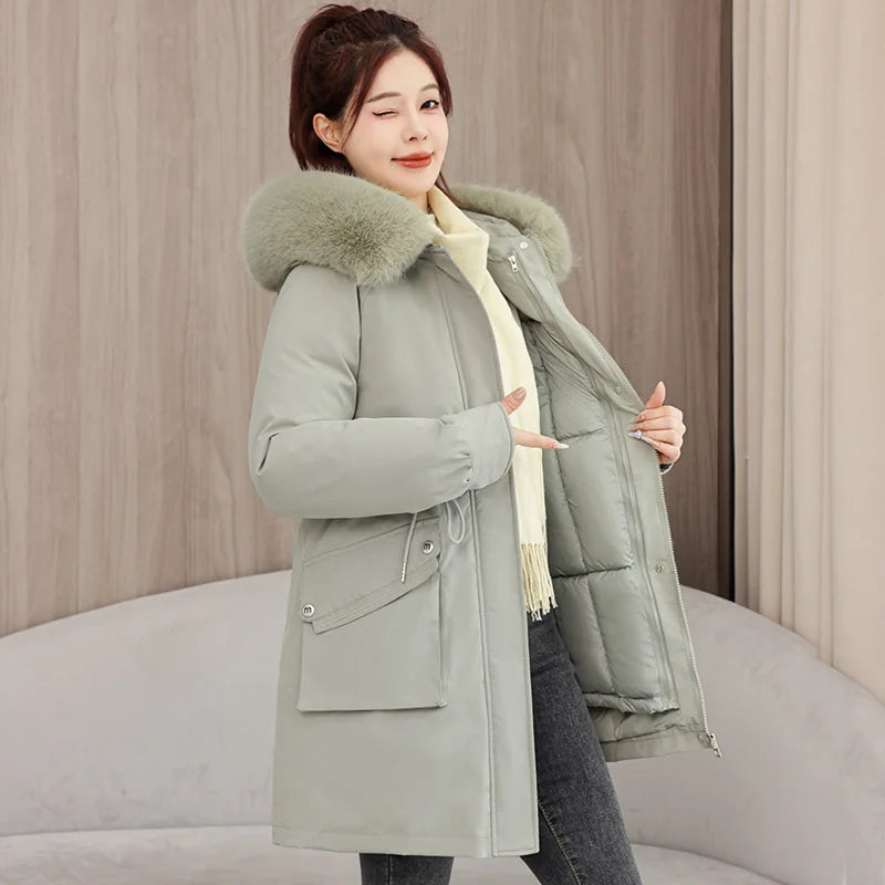 Winter dame Winter Stepp Mantel Abnehmbare Futter Pelz Kragen Gürtel Parka Jacke Für Frauen Verdickt Thermische frauen Mantel