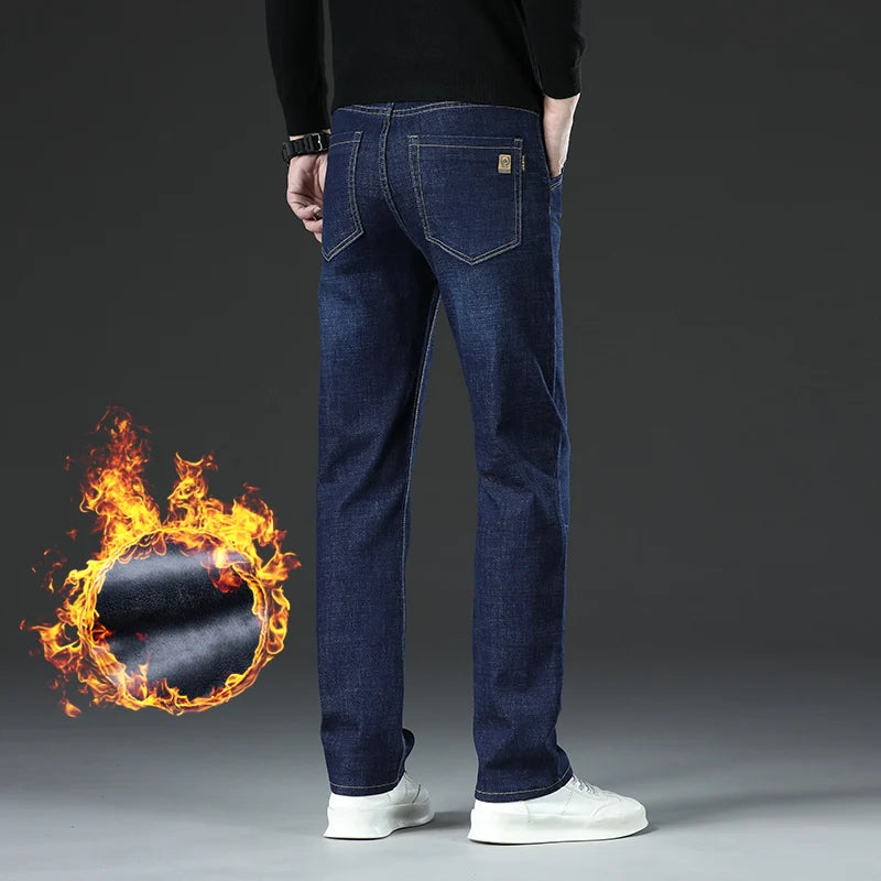 28-40 Large Size Winter Men Plush Thick Fleece Trouser Lambswool Thermal Jeans Casual Pants Windproof Warm Cotton Denim Pants.