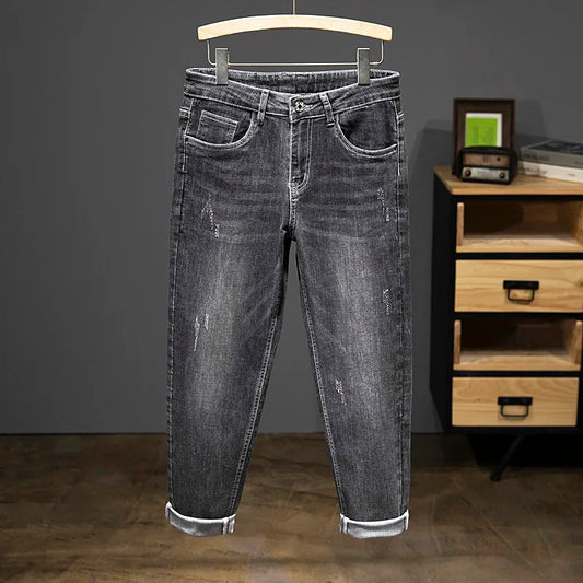 2024 New Spring Autumn Men's Nine-Point Pants Slim Jeans Fashion Casual Denim Trousers Smoke Gray Blue Gray Brand Clothing.