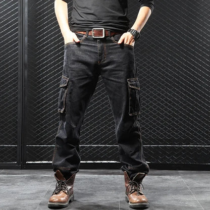 Men's Autumn/Winter Multi-Pocket Straight-Leg Cargo Pants Loose Fit Plus Size Plus Beefy Jeans Casual Comfortable Denim Trousers.