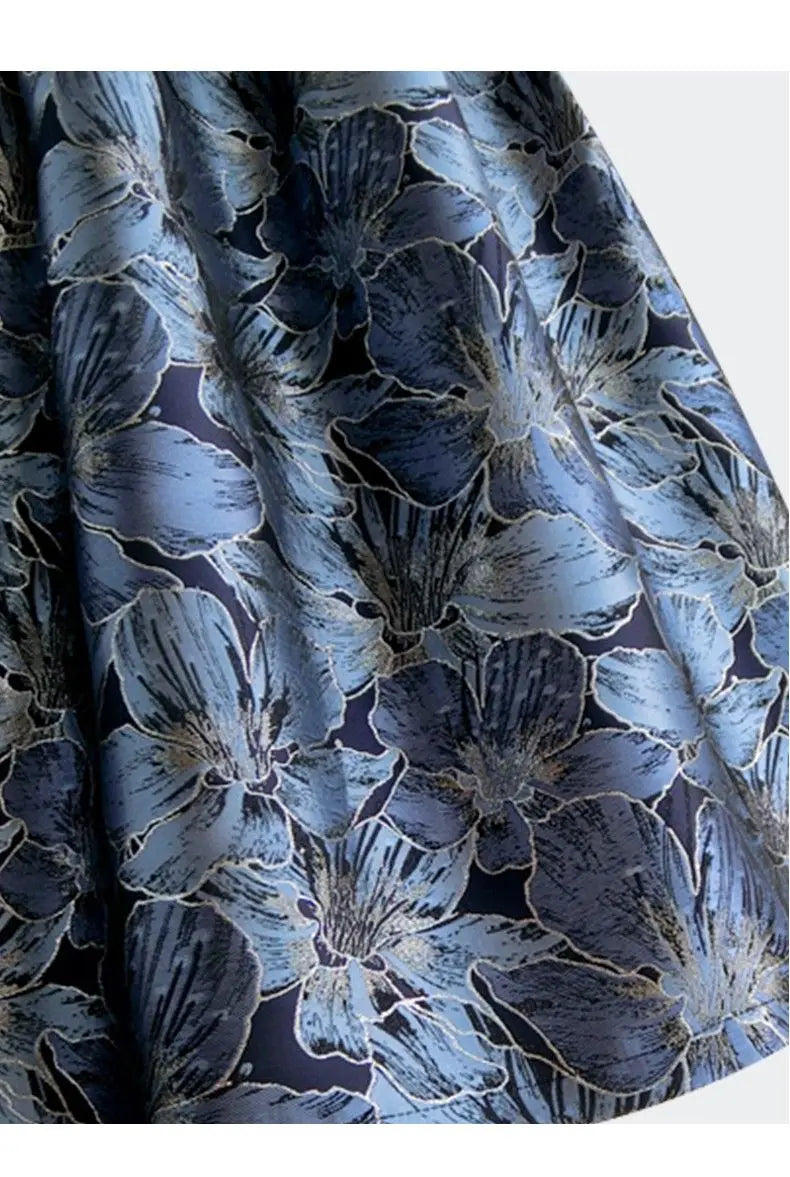 Blue Floral Print Vintage High Waist Ball Gown A-line Loose Women's Skirt Knee-Length Long Skirts For Women Clothing Fashion.