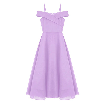 Elegantes Chiffon-Partykleid für Mädchen, schulterfrei, verstellbarer Spaghettiträger, bodenlanges Maxikleid für Hochzeit, Geburtstag, Abend