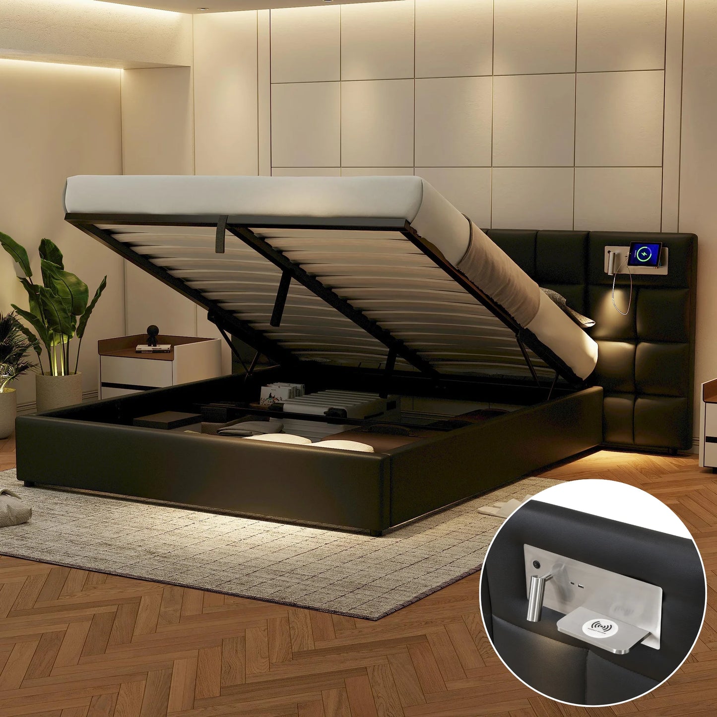 Polsterbett 180 x 200 cm, hydraulisches Bett, mit USB-Anschluss, kabelloses Laden und beleuchteter Lampe, mit Stauraum