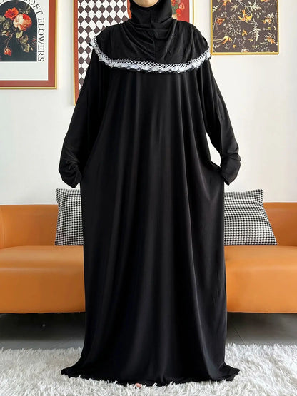 2023 Muslim Solid Cotton Abaya For Women Ramadan Prayer Garment Joint Hat Dubai Turkey Middle East Femme Robe Floral Loose Dress.