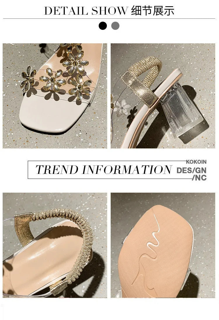 Women;s Sandals Pvc Crystal Flower Shoes for Women Decoration Chunky Heel Sandals Ladies Back Strap Fashion Shoes Female2024.