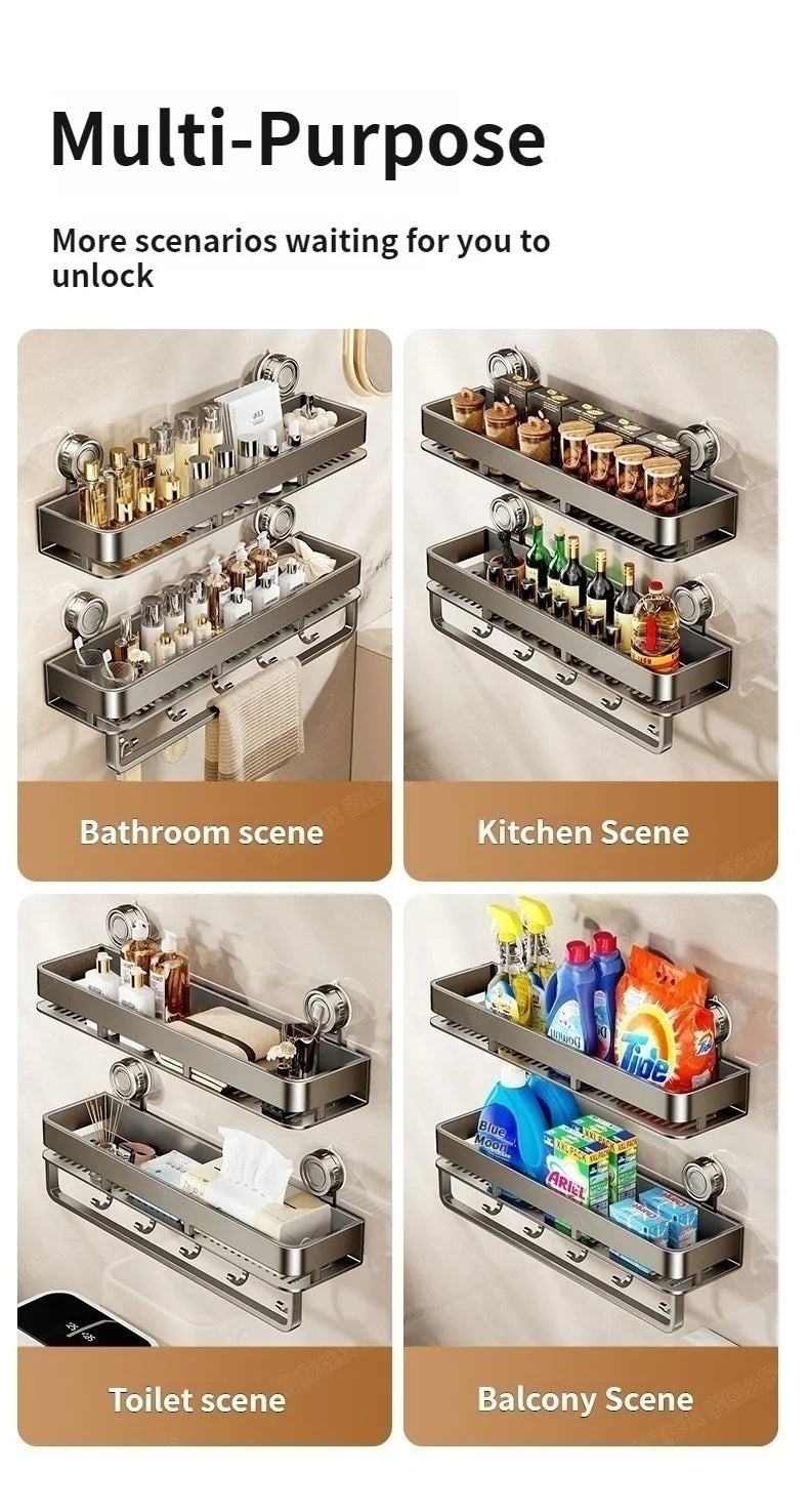 Kein Bohren, Saugnapf, selbstklebendes Badezimmerregal, Badezimmerregal, Toilette, Aluminium-Hängeregal, Badezimmer-Organizer, zum Aufhängen an der Wand