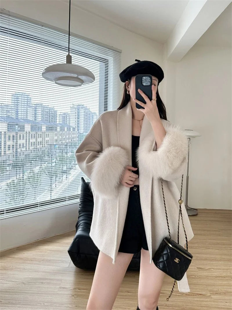 Mode Woolen Jacke mit gürtel Frauen Mantel 2025, Neue Herbst Winter Temperament Lose Strickjacke Weibliche Outwear