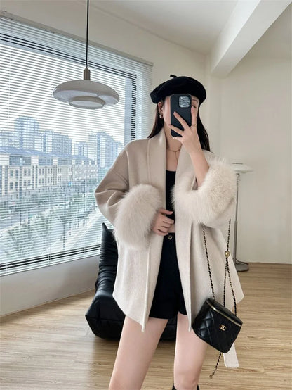 Mode Woolen Jacke mit gürtel Frauen Mantel 2025, Neue Herbst Winter Temperament Lose Strickjacke Weibliche Outwear