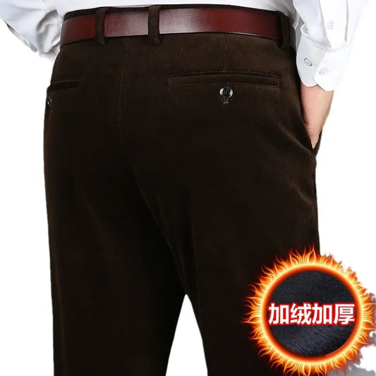 7712 Winter Corduroy Thick Warm Casual Pants for Men Middle-aged Men Vintage Trouser High Waist Loose Straight Solid Color Pants.