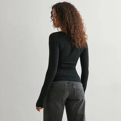 Sexy Solid Color V-neck Long Sleeved T-shirt Top Waist Cinching 2025 Trendy Casual Top for Women.