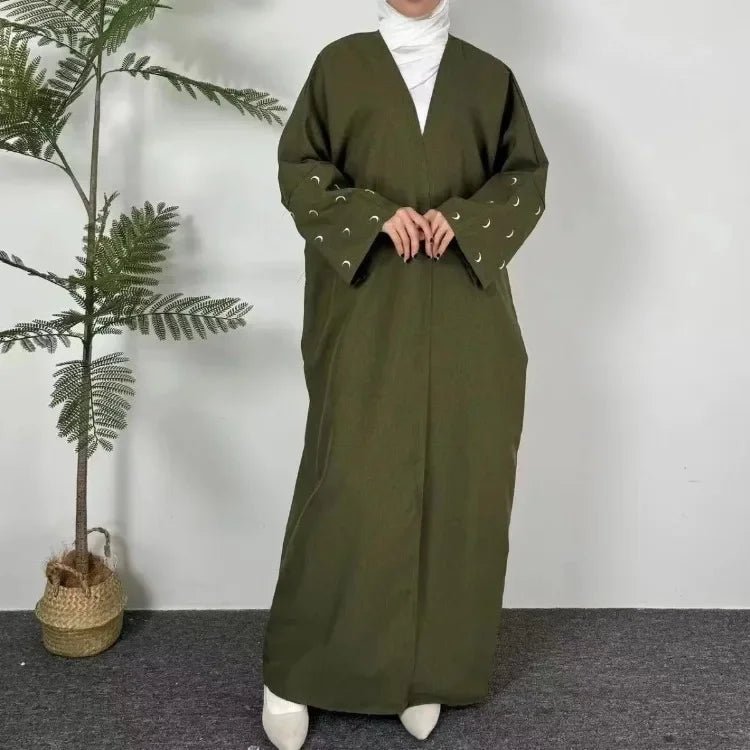 Muslimische Abayas lose Kaftan Frauen islamische Kleidung Mond Stickerei offene Front Abaya Langarm Maxi Länge Kleid Frauen Jilbabs.