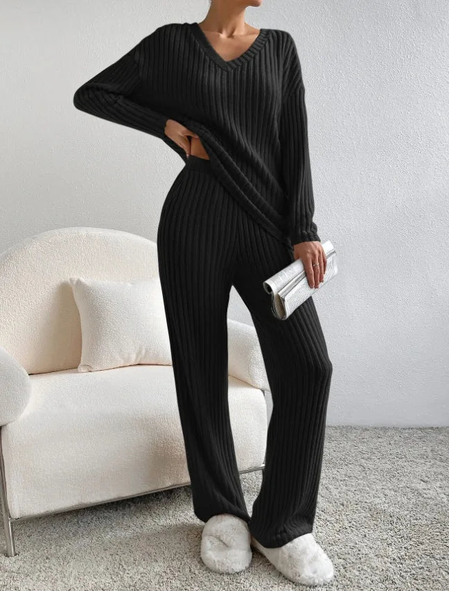 Autumn Winter Ribbed Knit Two Piece Set Womens V Neck Long Sleeve Top Wide Leg Pants Loungewear Casual Solid Color Outfit.