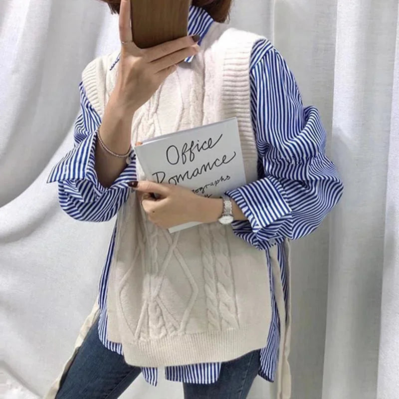 Women Shirt Blouse Blue Vertical Striped Shirt Women's Autumn Clothing Loose Long Sleeve Shirt Blusas Mujer.