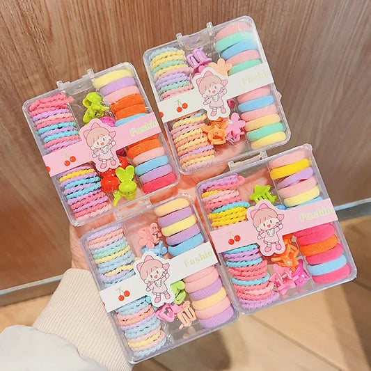 New Cute Box Set Children's New High Elasticity Elastic Band Candy Color Hair Tie Clip Hair Clip Rope Princess Accessories.