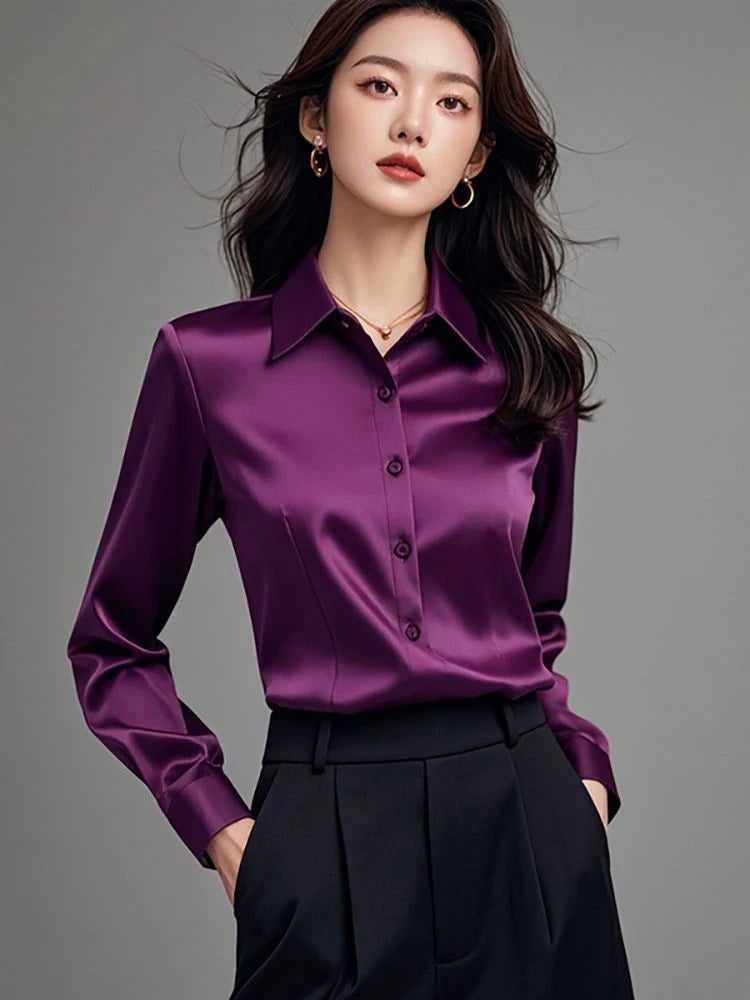 Elegant Silk Office Shirts Women Korean Fashion Y2k Clothes Slim Long Sleeve White Black Blusas Mujer Workwear Tops and Blouses.