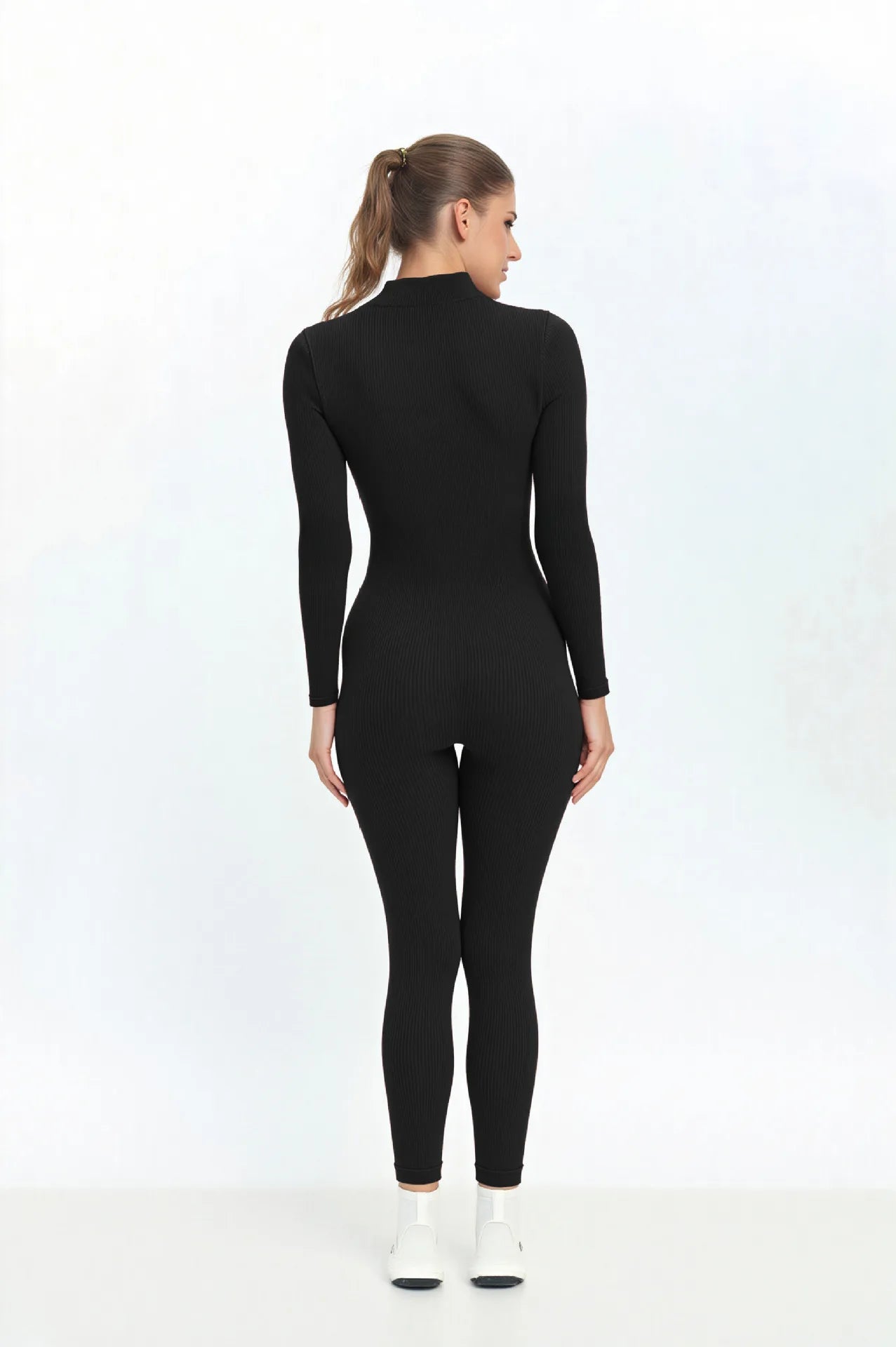 Seamless Ribbed Knit Bodysuit Women Zip Up Stand Collar Long Sleeve Thumbhole Yoga Romper Winter Thermal Workout Outfit.