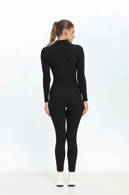 Seamless Ribbed Knit Bodysuit Women Zip Up Stand Collar Long Sleeve Thumbhole Yoga Romper Winter Thermal Workout Outfit.