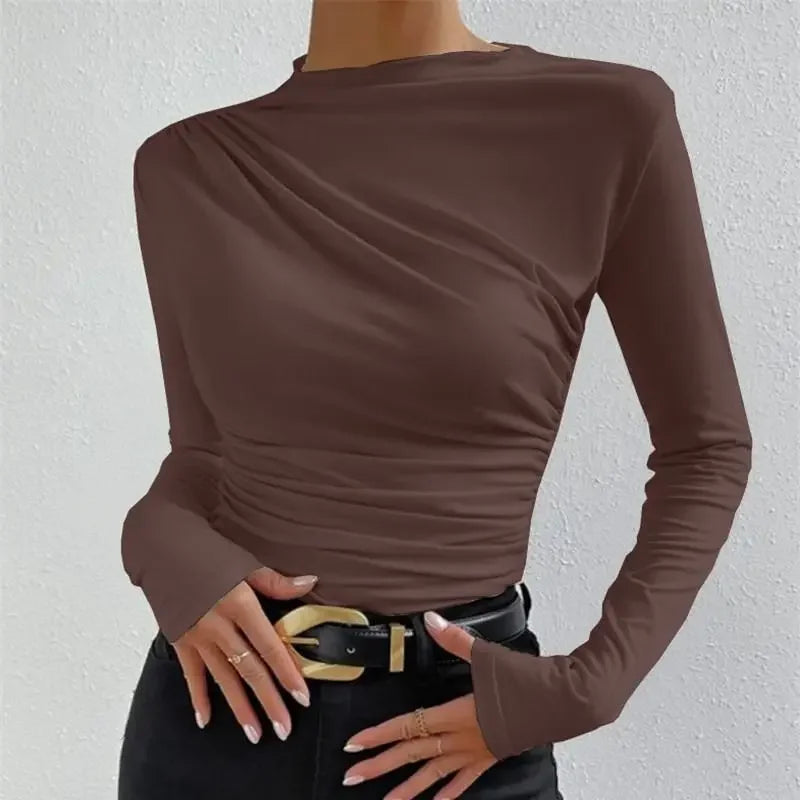 Slim Fit Long Sleeve Women's T-shirt Pure Color Design Pleated Detail Base Shirt Ladies Top Quality Material Comfortable Wear.