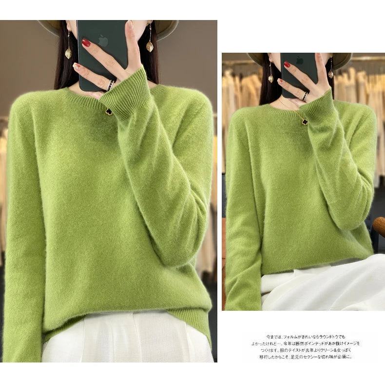 100% Merino Wool Sweater Women O-neck Cashmere Knitwear Female Pullover Autumn Winter Casual Tops Solid Color Soft  Clothing