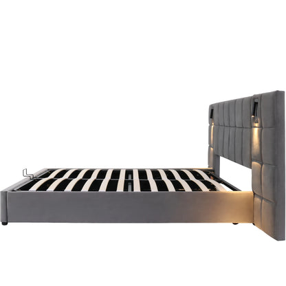 Polsterbett, hydraulisches Bett mit Stauraum, verstellbarem Licht und USB-Aufladung, breites Schaumstoffkopfteil, 180 x 200 cm, Grau
