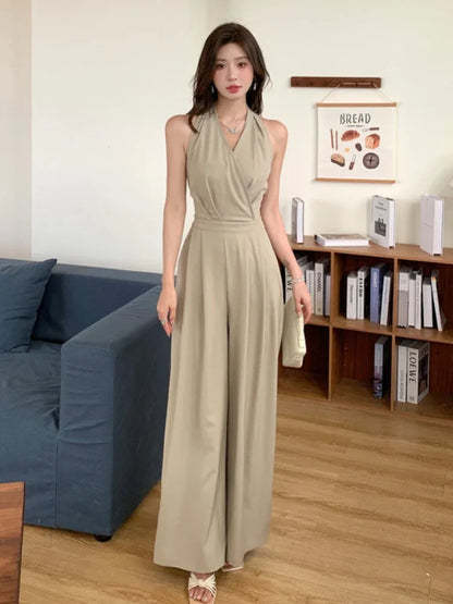 Women Clothes Elegant Sexy Halter Backless Folds Slim Wide Leg Loose Rompers Summer Solid Casual One Piece Long Jumpsuits.