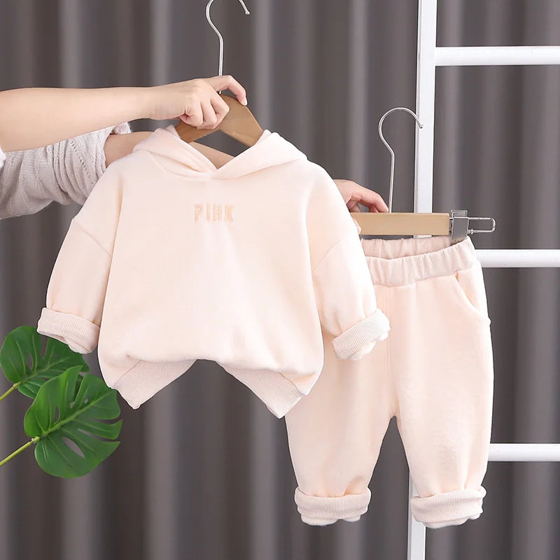 Baby Girls Warm Set Autumn Winter Lining Plush Thick Outfits Kids Cartoon Rabbit Ear Hoodie+Pants 2Pcs Children Casual Clothing.