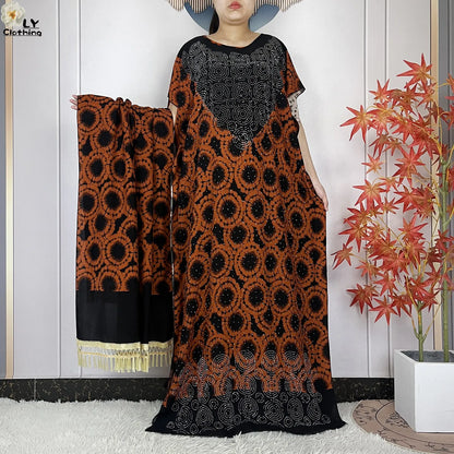 2024 New Muslim Women Dashiki Printed Dress Flower Diamonds Loose Dress With Big Scarf Islamic African Women Short Sleeve Abaya