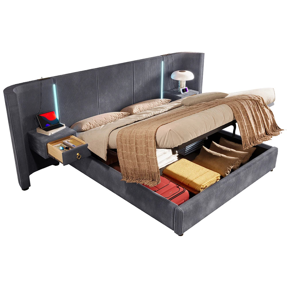 KOMHTOM Polsterbett 180x200cm, Samt mit, LED-Leiste, hydraulischem Stauraum, 2 Schubladen und USB+TYPE-C Anschluss