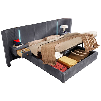 KOMHTOM Polsterbett 180x200cm, Samt mit, LED-Leiste, hydraulischem Stauraum, 2 Schubladen und USB+TYPE-C Anschluss