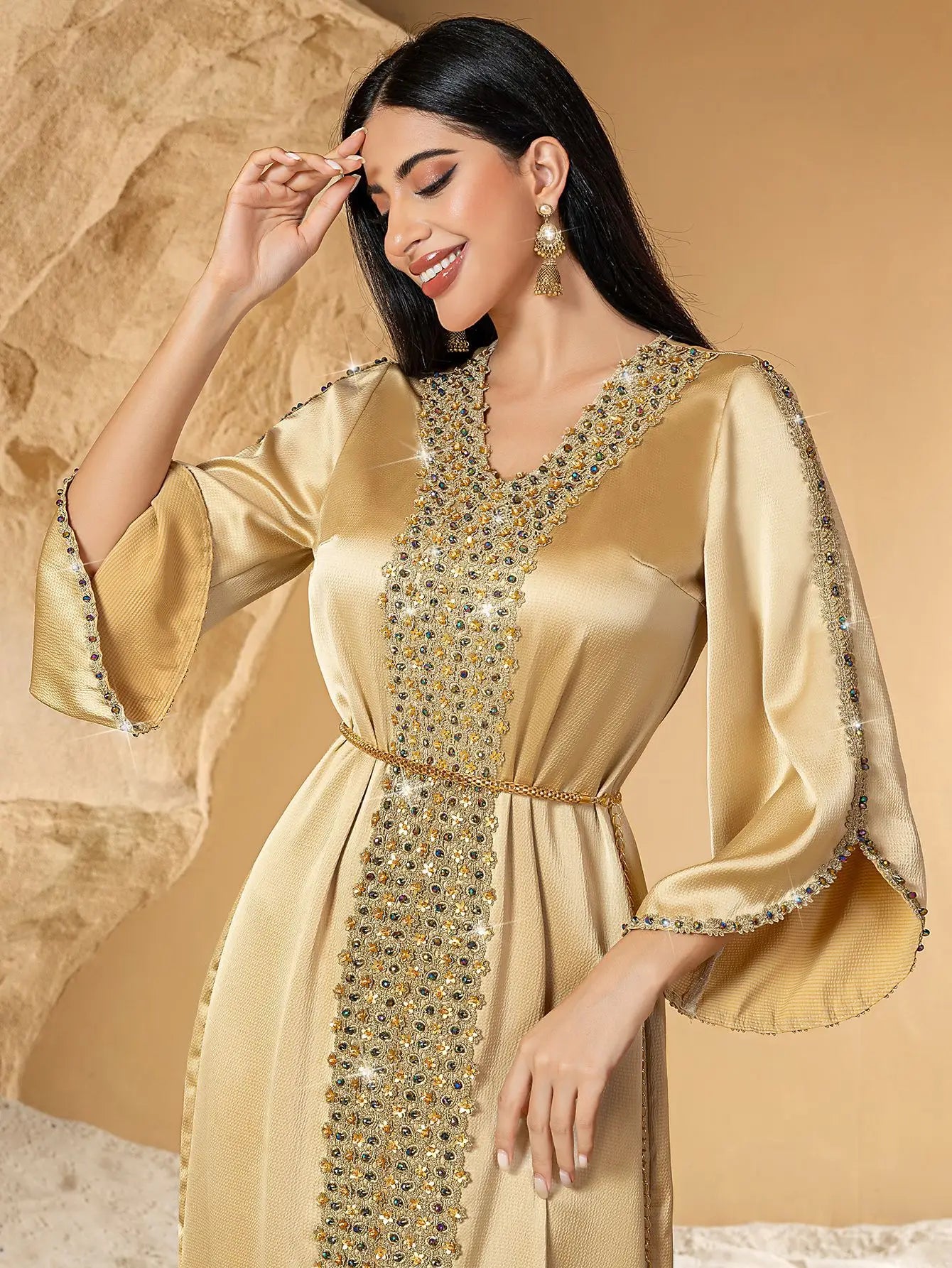 Luxury Dubai Diamonds Abaya Satin Long Dress Women Muslim Islam Clothing Evening Party Gown Ramadan Caftan Marocain Femme Robe ﻿.