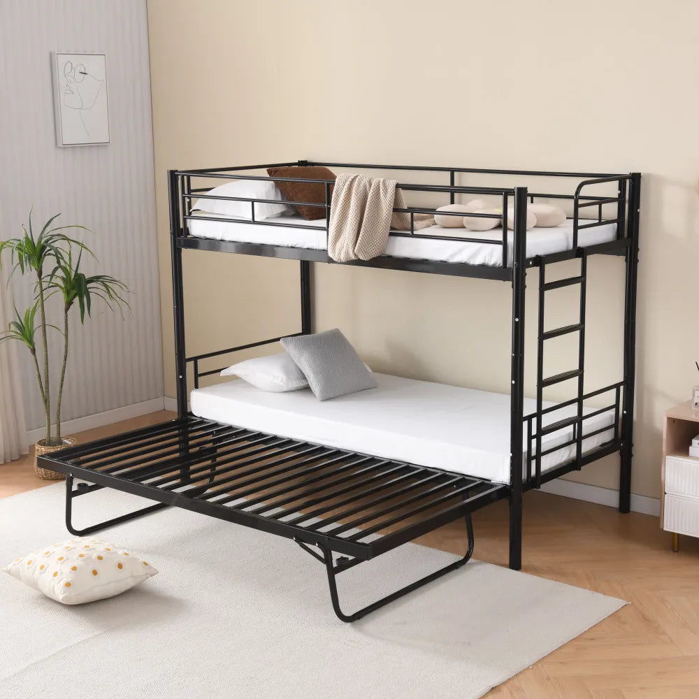 Etagenbett aus Metall, 90 x 200 cm, Etagenbett mit ausklappbarem Bett, erweiterbar auf zwei Einzelbetten oder Erwachsenenbetten, Schwarz