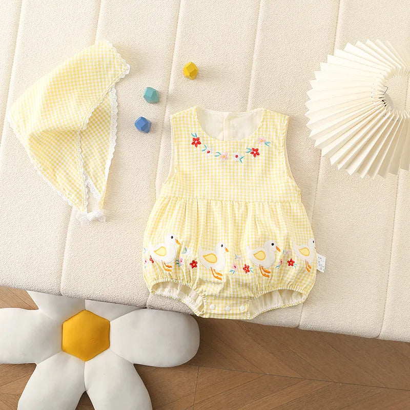 0–2 Jahre Neugeborene Kinder, bezaubernder Baby-Mädchen-Strampler aus Baumwollgaze, gelb kariert, bezauberndes besticktes Enten-Design – weich und süß.